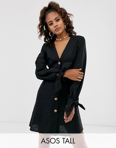 Короткое приталенное платье с пуговицами и завязками на рукавах ASOS DESIGN Tall-Черный