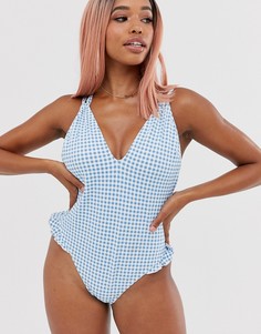 Синий слитный купальник в клеточку с оборками ASOS DESIGN fuller bust-Мульти