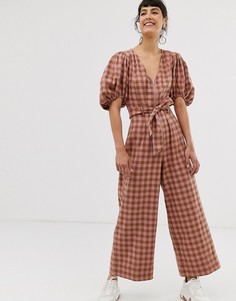 Розовый комбинезон в клетку, с пышными рукавами и молнией спереди ASOS DESIGN-Мульти