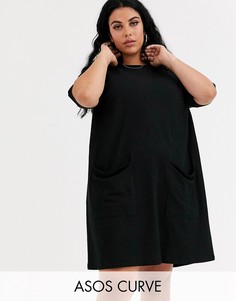 Хлопковое платье-футболка с двумя карманами ASOS DESIGN Curve-Черный