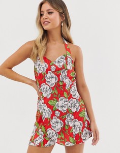 Короткое приталенное платье с цветочным принтом и халтером Glamorous-Мульти