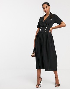 Платье-рубашка миди с пуговицами и плиссированной юбкой ASOS DESIGN-Черный