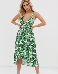 Сарафан миди с запахом, поясом с кисточками и пальмовым принтом ASOS DESIGN-Белый