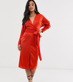 Атласное платье миди с рукавами \летучая мышь\" и запахом ASOS DESIGN Petite-Красный
