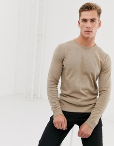 Светло-бежевый хлопковый джемпер с круглым вырезом Selected Homme-Светло-коричневый