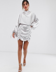 Атласное платье мини с пышными рукавами и присборенной юбкой ASOS DESIGN-Серебряный