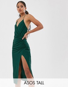 Фактурное платье миди с запахом, бретельками и глубоким вырезом ASOS DESIGN Tall-Зеленый