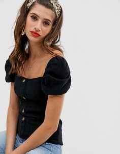 Черный топ с пуговицами и пышными рукавами River Island