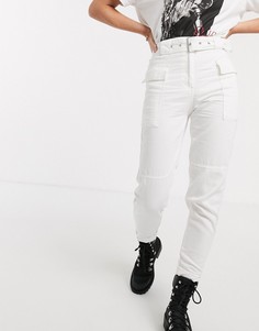 Светло-бежевые брюки карго с поясом Bershka-Белый