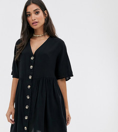 Свободное платье мини на пуговицах с V-образным вырезом ASOS DESIGN Petite-Черный