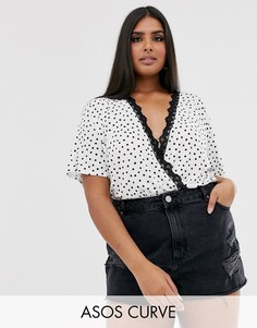 Боди в горошек с запахом и кружевной отделкой ASOS DESIGN Curve-Мульти