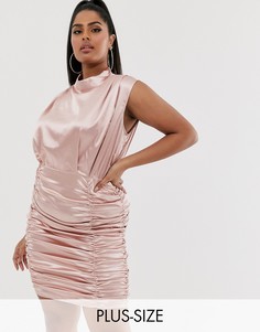 Розовое атласное платье мини с присборенной отделкой Katchme Plus-Розовый