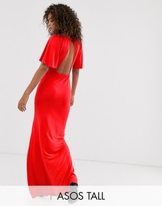 Платье макси с открытой спиной, расклешенными рукавами и высоким разрезом ASOS DESIGN Tall-Красный