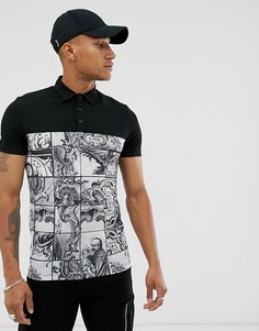 Узкое поло с контрастной вставкой с принтом ASOS DESIGN-Черный