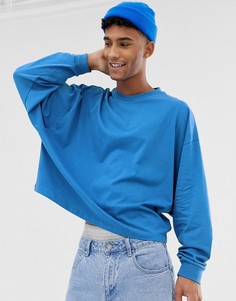 Синяя свободная укороченная oversize-футболка с длинными рукавами ASOS DESIGN-Синий