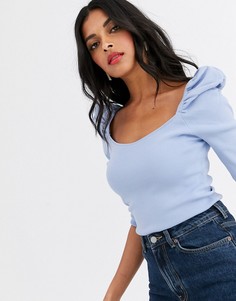 Синий вязаный топ с пышными рукавами River Island