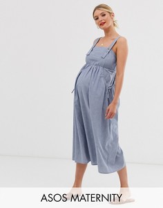Сарафан миди в стиле комбинезона из шамбре и с карманами ASOS DESIGN Maternity-Синий