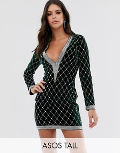 Бархатное платье мини с длинными рукавами ASOS DESIGN Tall-Зеленый