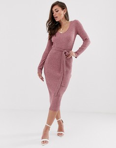 Платье миди в рубчик с поясом ASOS DESIGN-Красный