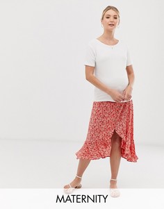 Красная юбка миди на пуговицах с цветочным принтом и оборками New Look Maternity-Красный