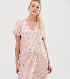 Платье-футболка с полосками и пайетками розового и серебристого цвета TFNC Maternity-Мульти