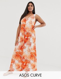 Асимметричное платье макси с пальмовым принтом ASOS DESIGN Curve-Мульти