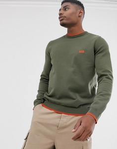 Джемпер хаки с круглым вырезом и оранжевой окантовкой и логотипом BOSS Athleisure-Зеленый
