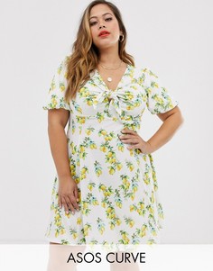 Чайное платье мини с узлом и принтом лимонов ASOS DESIGN Curve-Зеленый