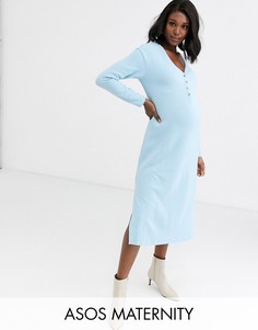 Очень мягкое платье миди с разрезами по бокам и пуговицами ASOS DESIGN Maternity-Синий