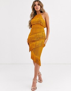 Кружевное платье миди с ярусной отделкой бахромой ASOS DESIGN-Желтый