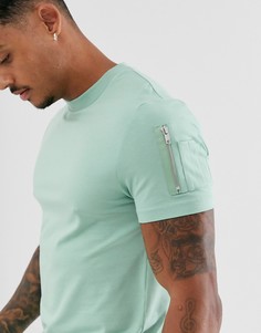 Длинная приталенная зеленая футболка с асимметричным краем и карманом МА1 от ASOS DESIGN-Зеленый