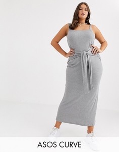 Платье макси в рубчик с поясом ASOS DESIGN Curve-Серый