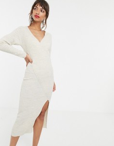Трикотажное платье миди в рубчик с запахом ASOS DESIGN-Светло-бежевый