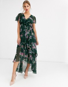 Платье макси с цветочным принтом, кейпом и асимметричным подолом ASOS DESIGN-Мульти