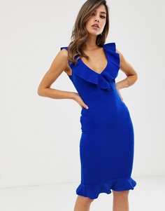Платье миди с V-образным вырезом и оборками по краю AX Paris-Синий