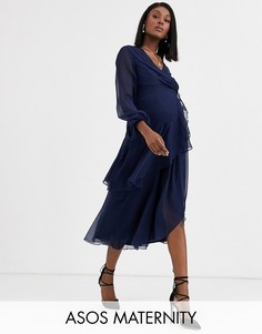 Платье миди с запахом, двухслойной юбкой и длинным рукавом ASOS Maternity-Мульти
