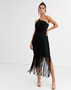 Платье мидакси с драпированной бахромой ASOS DESIGN-Черный