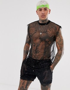 Фестивальная блестящая сетчатая oversize-футболка от комплекта без рукавов ASOS DESIGN-Черный