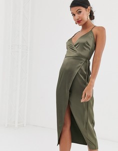 Атласное платье миди на бретелях с запахом ASOS DESIGN-Зеленый