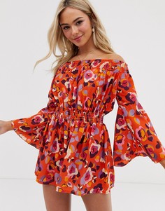 Ромпер с открытыми плечами и рукавами клеш Love-Оранжевый