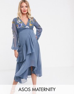 Платье миди с запахом и цветочной вышивкой ASOS DESIGN Maternity-Синий