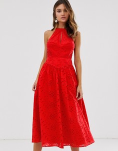 Платье миди для выпускного с вышивкой ришелье ASOS DESIGN premium-Красный