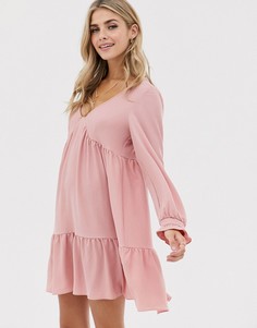 Свободное платье мини с V-образным вырезом и оборками по краю ASOS DESIGN-Розовый