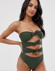 Слитный фактурный купальник-бандо с завязками Missguided-Белый