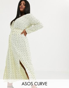 Платье миди в горошек с поясом и пряжкой ASOS DESIGN Curve-Мульти
