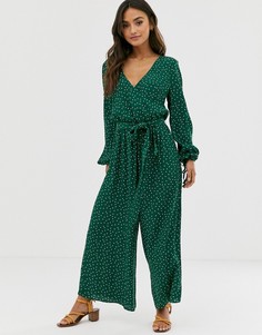 Зеленый комбинезон в горошек с запахом ASOS DESIGN-Мульти