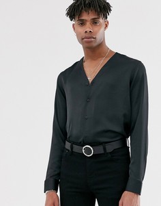 Черная атласная рубашка на пуговицах без воротника ASOS DESIGN-Черный