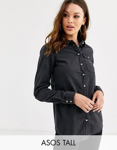 Черная выбеленная джинсовая рубашка с карманом ASOS DESIGN Tall-Черный