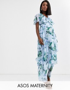 Платье макси с кейпом на спине, асимметричным подолом и цветочным принтом синего цвета ASOS DESIGN Maternity-Мульти