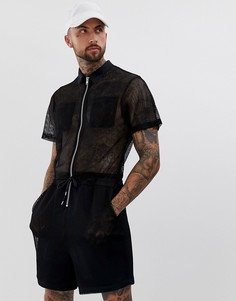 Черный сетчатый короткий комбинезон с золотистыми молниями ASOS DESIGN